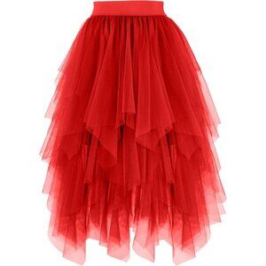 Tulle Red for Women High Waist Elastic Midi Skirt Mesh Tutu Skirt